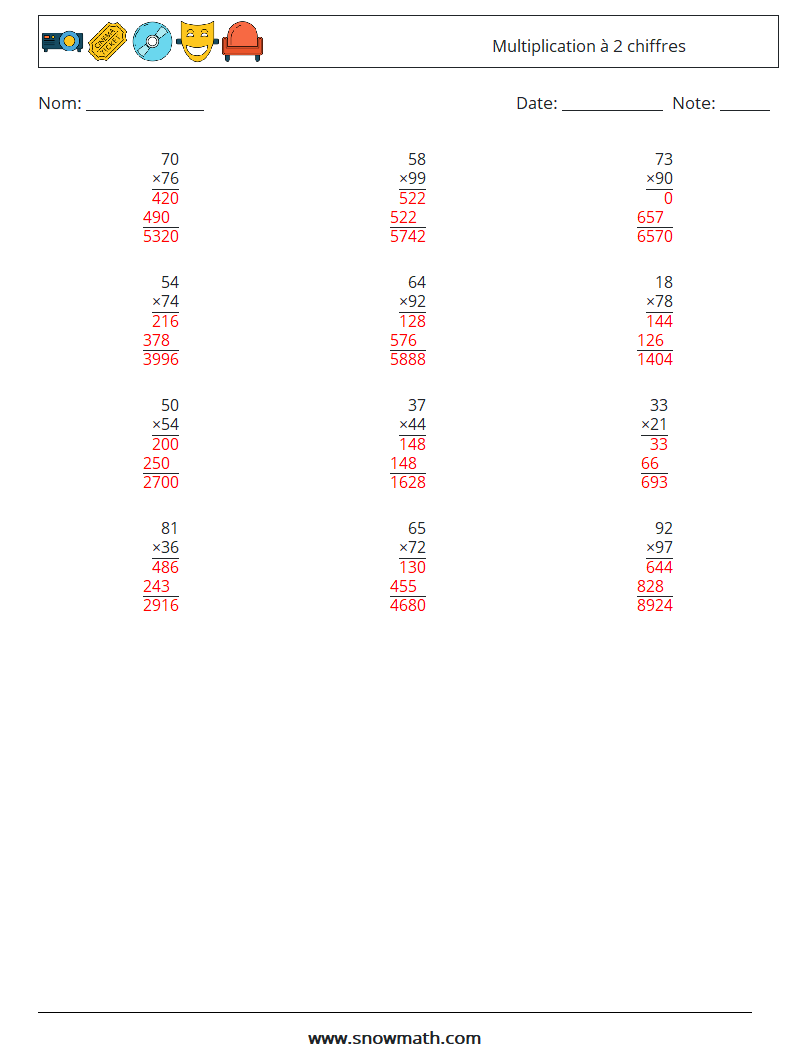 (12) Multiplication à 2 chiffres Fiches d'Exercices de Mathématiques 10 Question, Réponse
