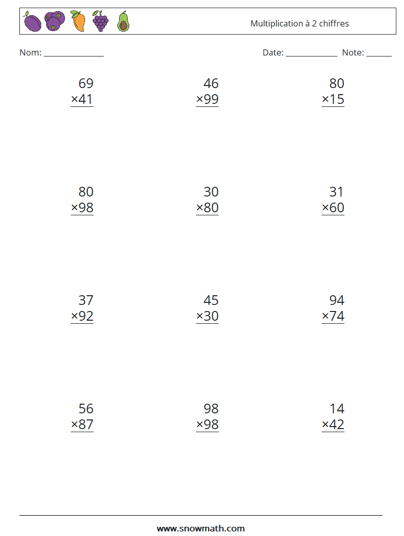 (12) Multiplication à 2 chiffres Fiches d'Exercices de Mathématiques 11