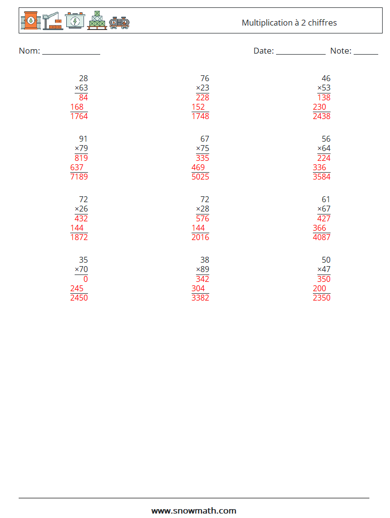 (12) Multiplication à 2 chiffres Fiches d'Exercices de Mathématiques 17 Question, Réponse