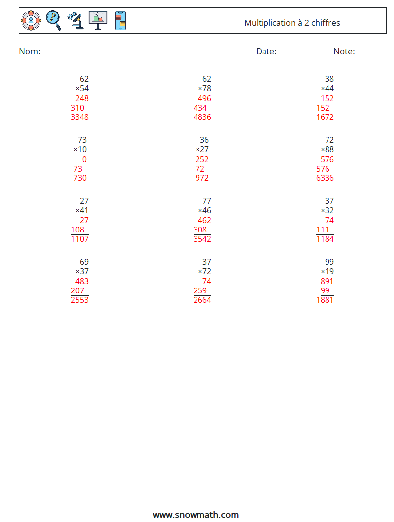 (12) Multiplication à 2 chiffres Fiches d'Exercices de Mathématiques 18 Question, Réponse