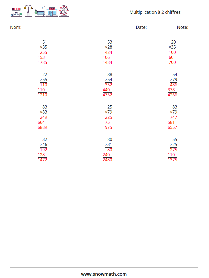 (12) Multiplication à 2 chiffres Fiches d'Exercices de Mathématiques 1 Question, Réponse