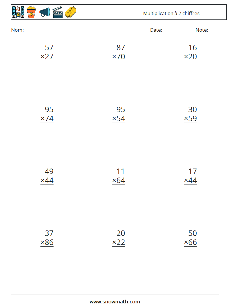 (12) Multiplication à 2 chiffres Fiches d'Exercices de Mathématiques 2