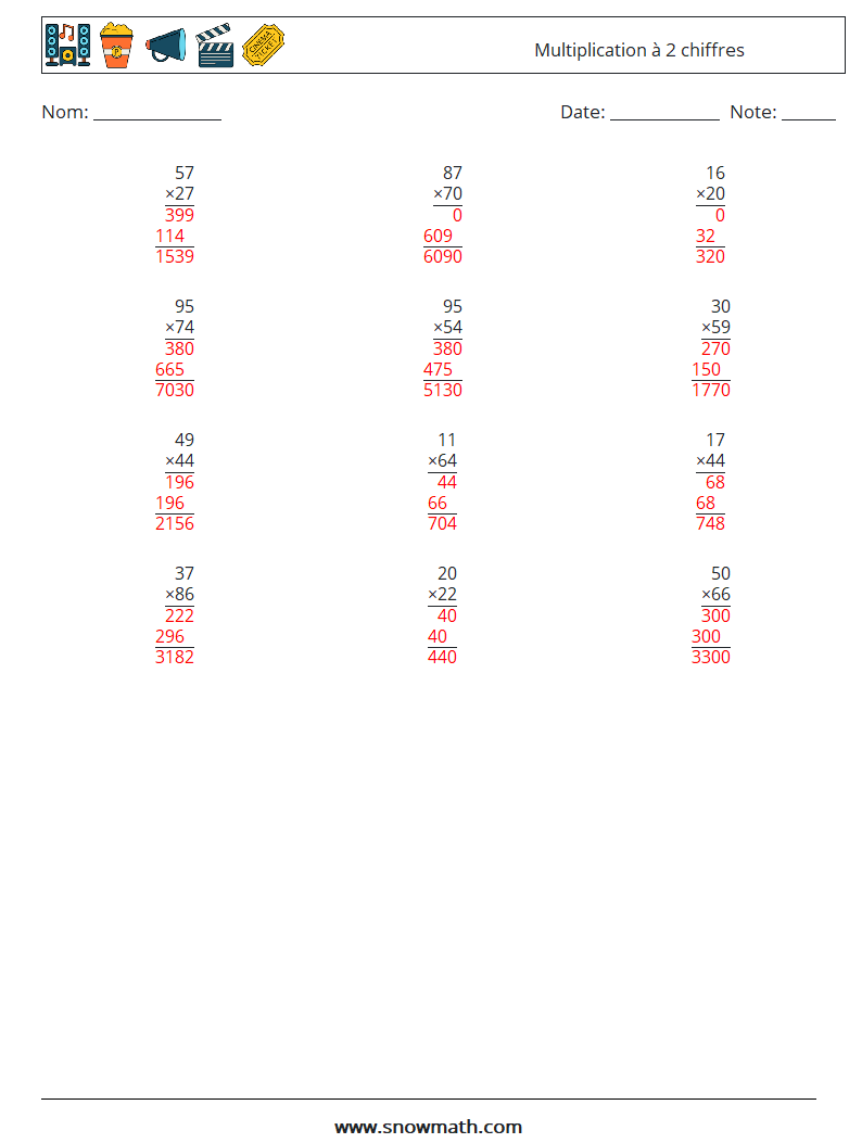 (12) Multiplication à 2 chiffres Fiches d'Exercices de Mathématiques 2 Question, Réponse