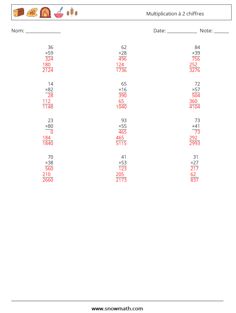 (12) Multiplication à 2 chiffres Fiches d'Exercices de Mathématiques 3 Question, Réponse