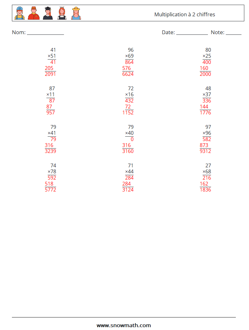 (12) Multiplication à 2 chiffres Fiches d'Exercices de Mathématiques 4 Question, Réponse