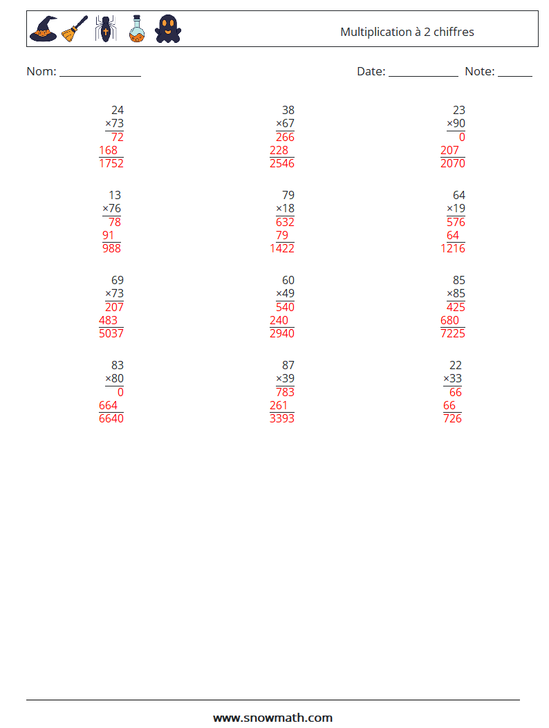 (12) Multiplication à 2 chiffres Fiches d'Exercices de Mathématiques 5 Question, Réponse