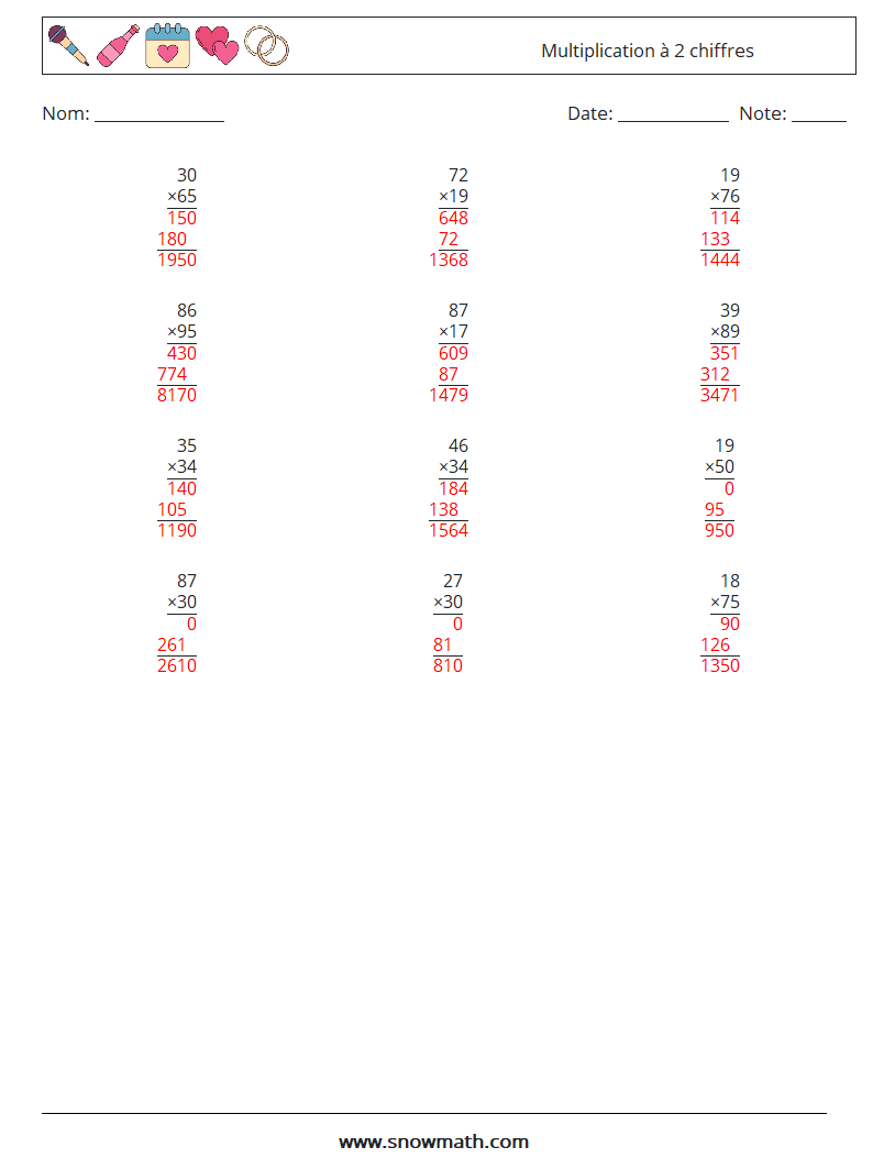 (12) Multiplication à 2 chiffres Fiches d'Exercices de Mathématiques 6 Question, Réponse