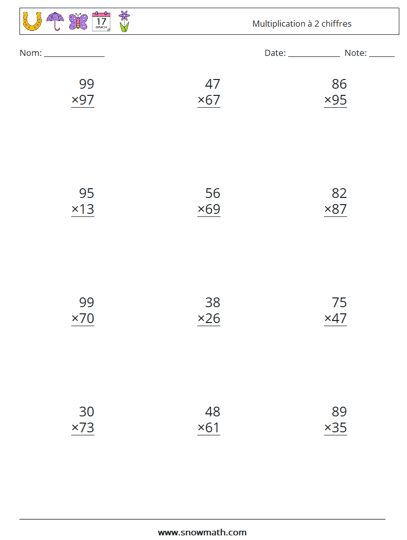 (12) Multiplication à 2 chiffres Fiches d'Exercices de Mathématiques 7