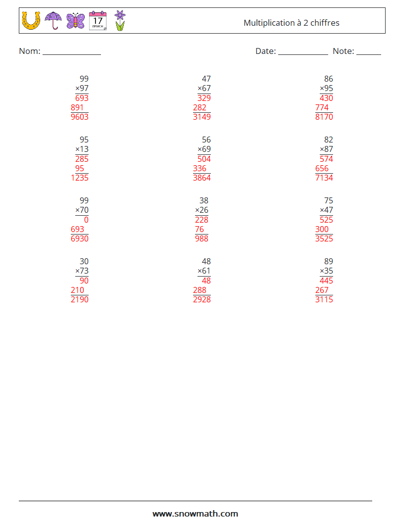 (12) Multiplication à 2 chiffres Fiches d'Exercices de Mathématiques 7 Question, Réponse