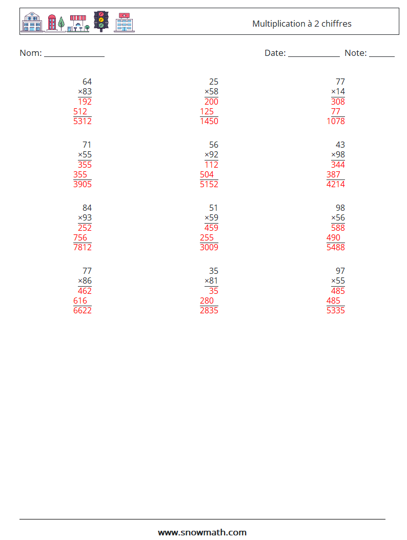 (12) Multiplication à 2 chiffres Fiches d'Exercices de Mathématiques 9 Question, Réponse