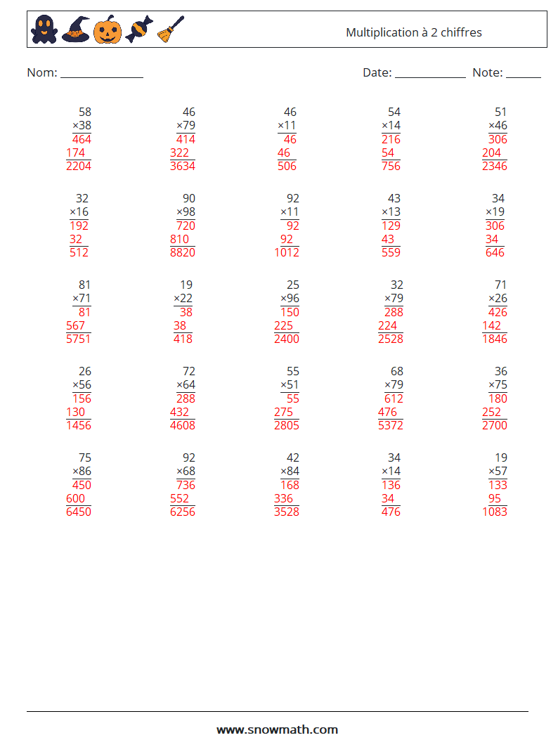 (25) Multiplication à 2 chiffres Fiches d'Exercices de Mathématiques 10 Question, Réponse