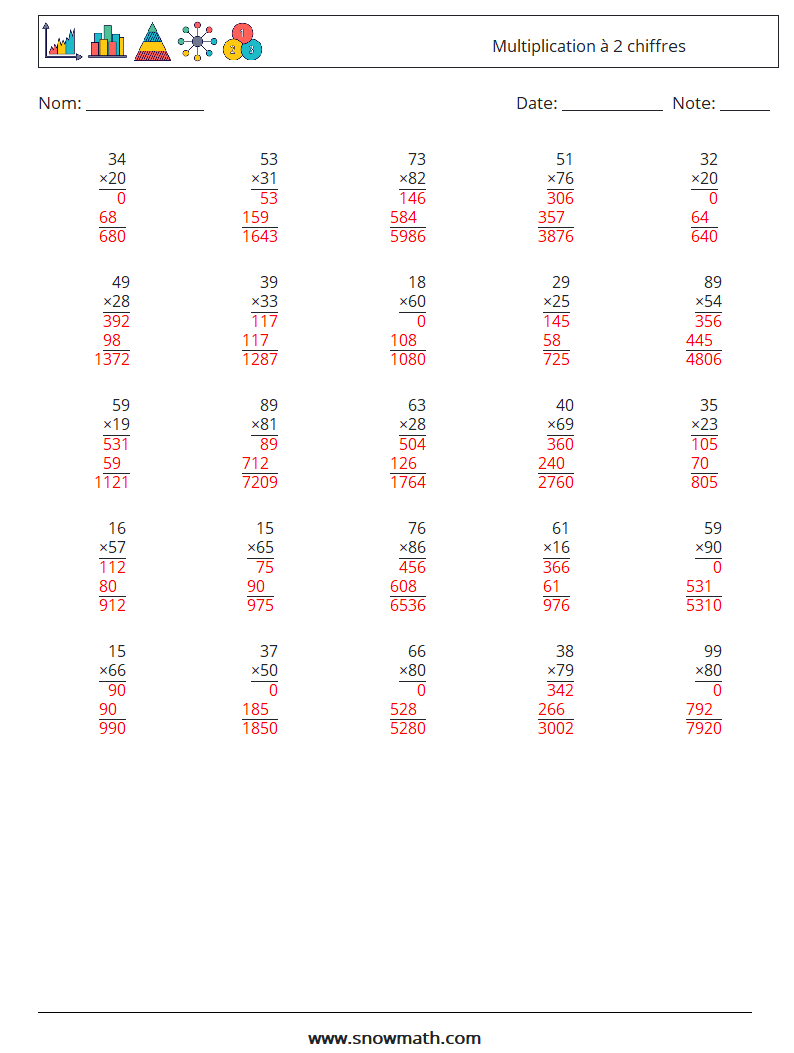 (25) Multiplication à 2 chiffres Fiches d'Exercices de Mathématiques 12 Question, Réponse