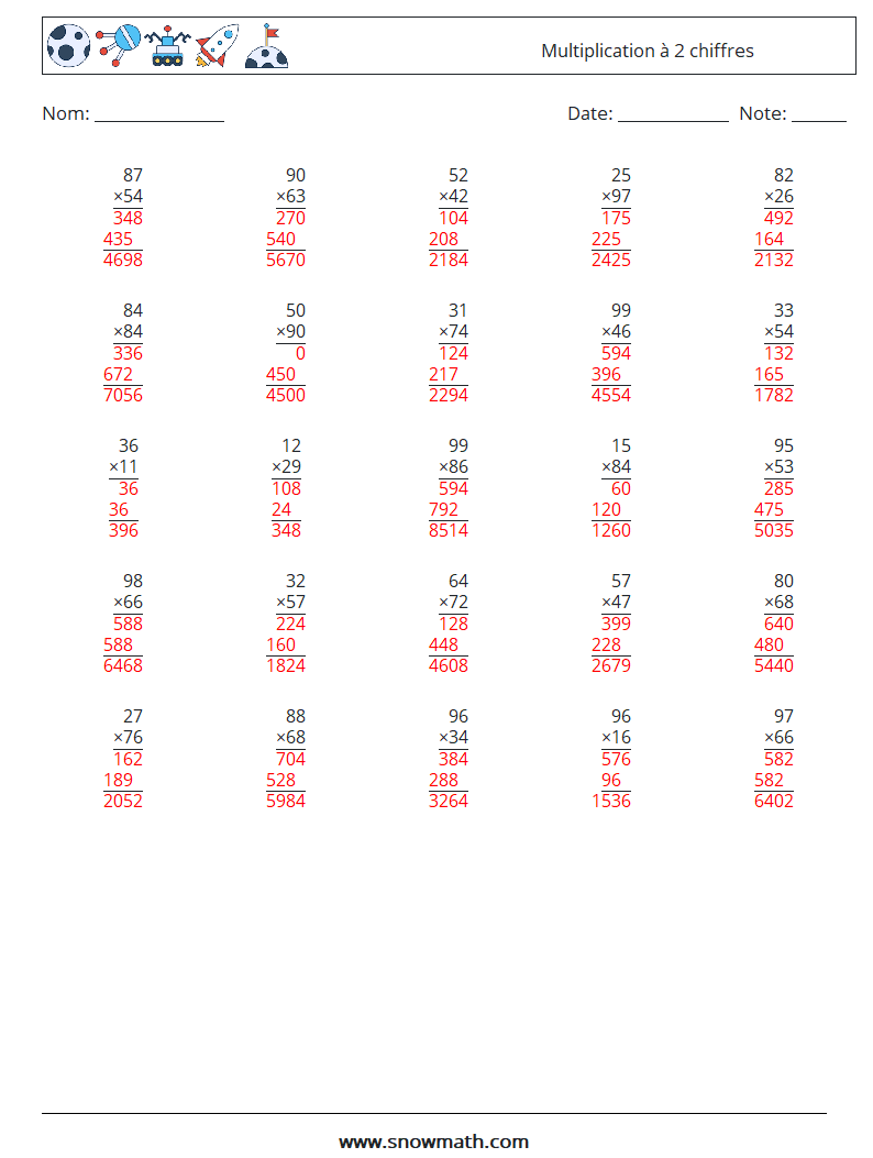 (25) Multiplication à 2 chiffres Fiches d'Exercices de Mathématiques 13 Question, Réponse
