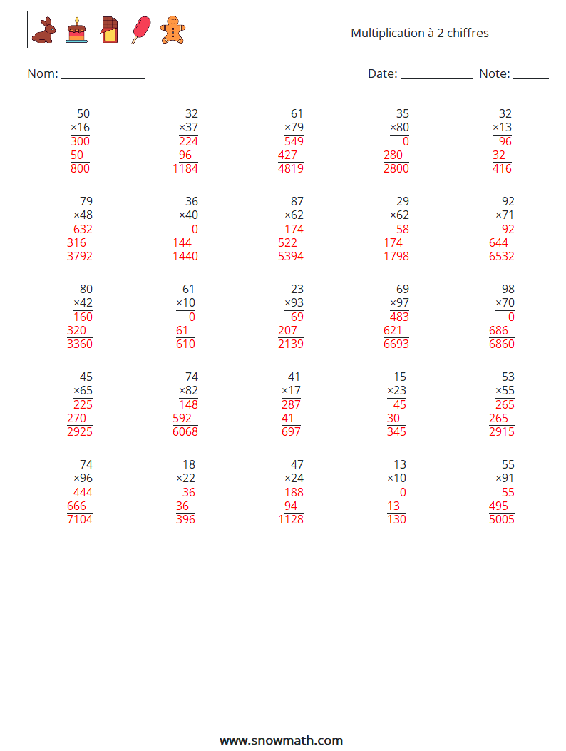 (25) Multiplication à 2 chiffres Fiches d'Exercices de Mathématiques 14 Question, Réponse