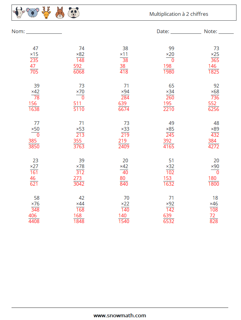 (25) Multiplication à 2 chiffres Fiches d'Exercices de Mathématiques 16 Question, Réponse