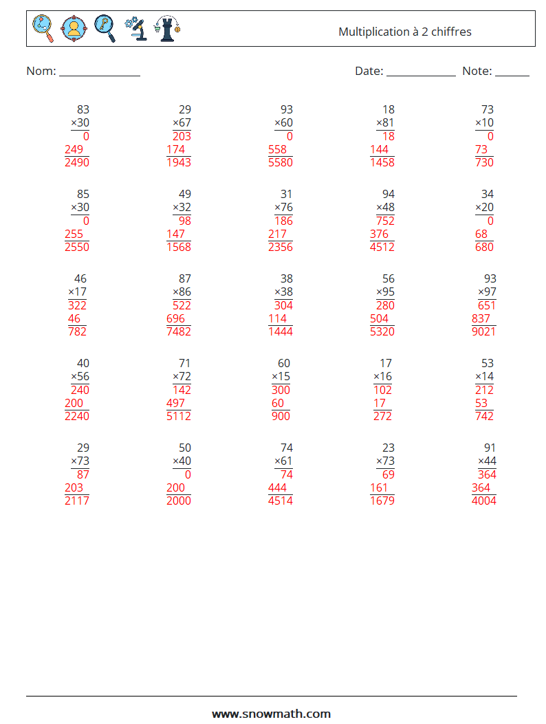 (25) Multiplication à 2 chiffres Fiches d'Exercices de Mathématiques 18 Question, Réponse