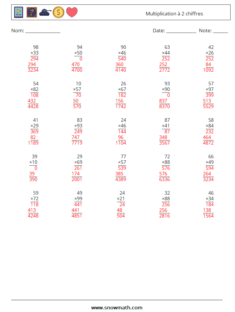 (25) Multiplication à 2 chiffres Fiches d'Exercices de Mathématiques 1 Question, Réponse