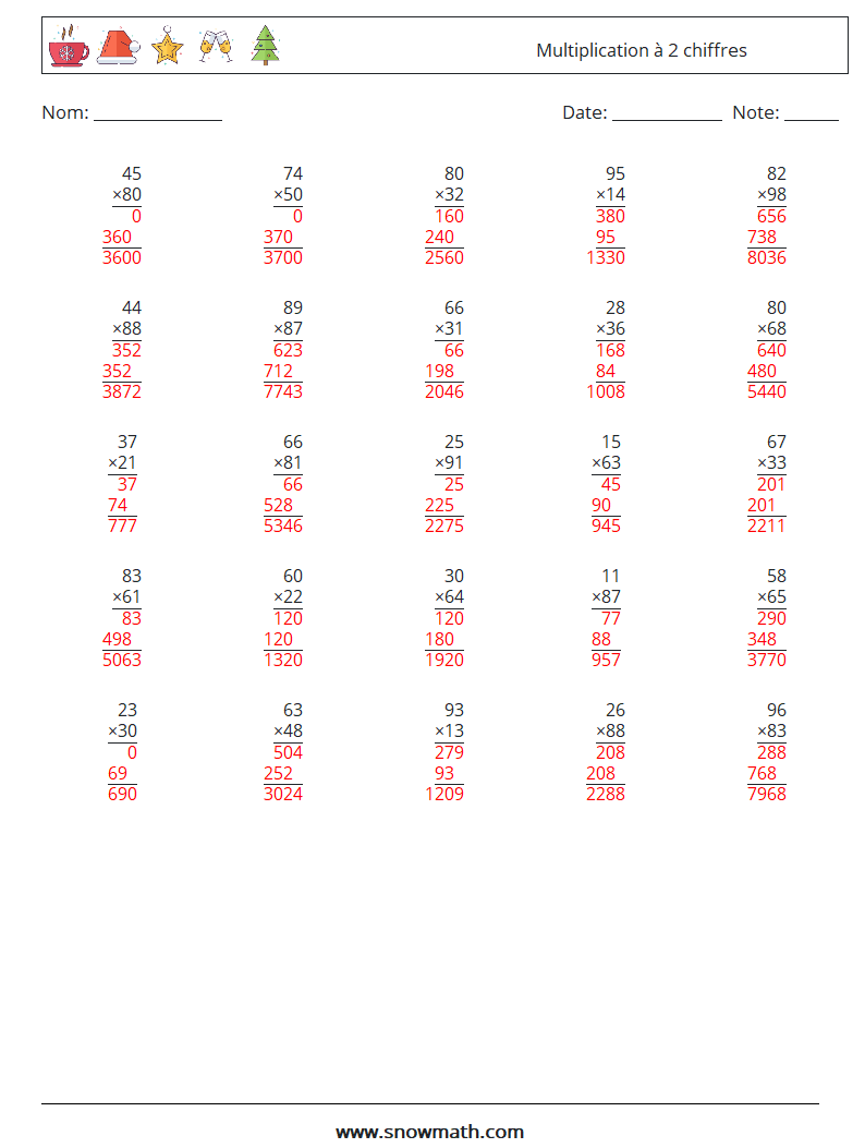 (25) Multiplication à 2 chiffres Fiches d'Exercices de Mathématiques 2 Question, Réponse