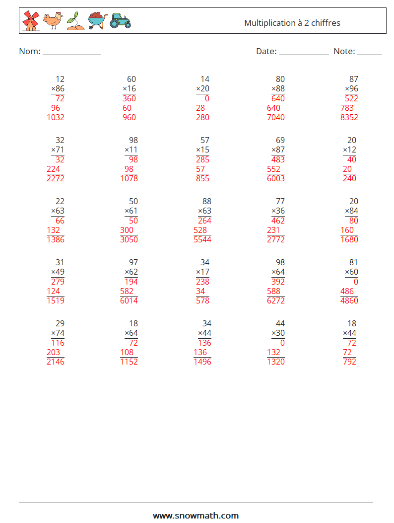 (25) Multiplication à 2 chiffres Fiches d'Exercices de Mathématiques 3 Question, Réponse