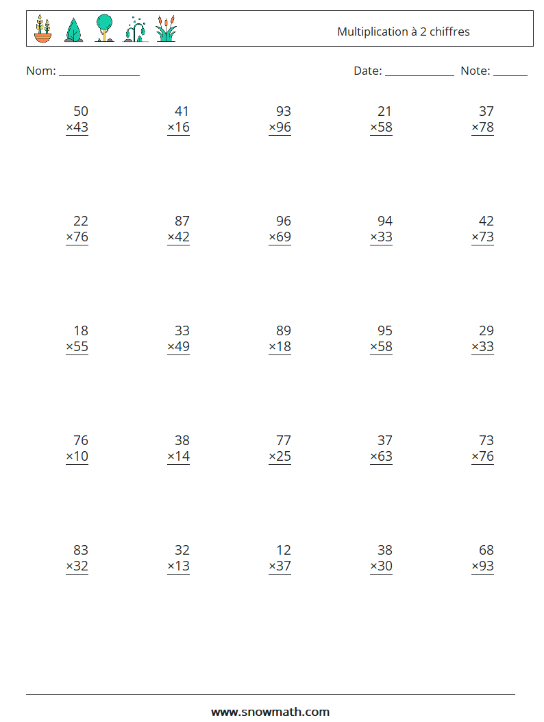 (25) Multiplication à 2 chiffres Fiches d'Exercices de Mathématiques 4