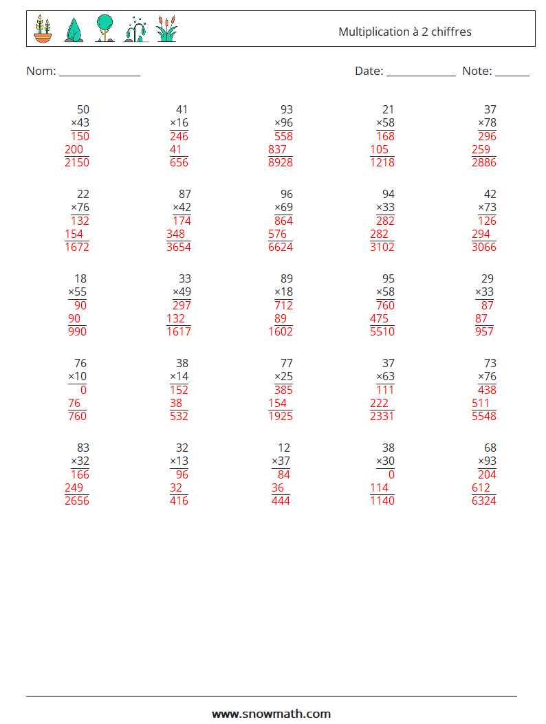 (25) Multiplication à 2 chiffres Fiches d'Exercices de Mathématiques 4 Question, Réponse