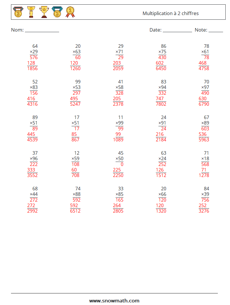 (25) Multiplication à 2 chiffres Fiches d'Exercices de Mathématiques 5 Question, Réponse