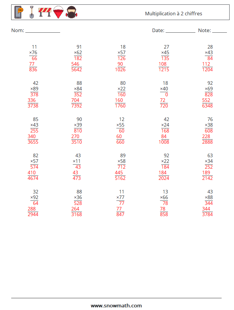 (25) Multiplication à 2 chiffres Fiches d'Exercices de Mathématiques 6 Question, Réponse