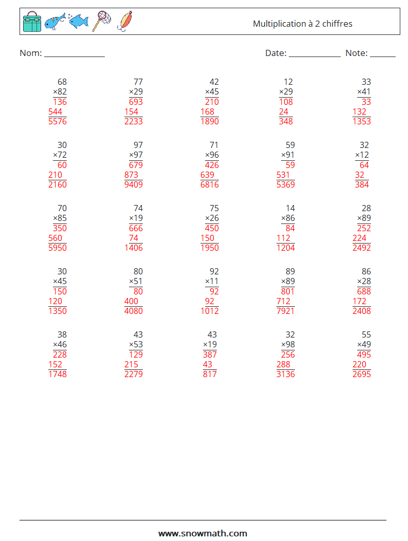 (25) Multiplication à 2 chiffres Fiches d'Exercices de Mathématiques 7 Question, Réponse