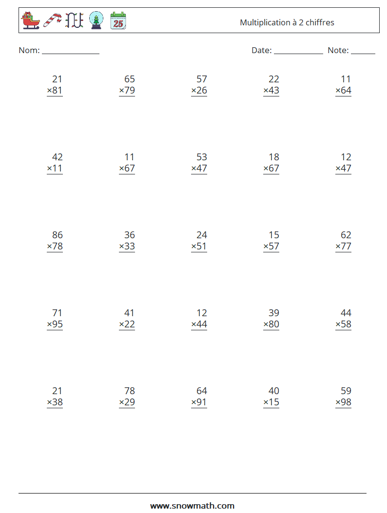 (25) Multiplication à 2 chiffres Fiches d'Exercices de Mathématiques 9