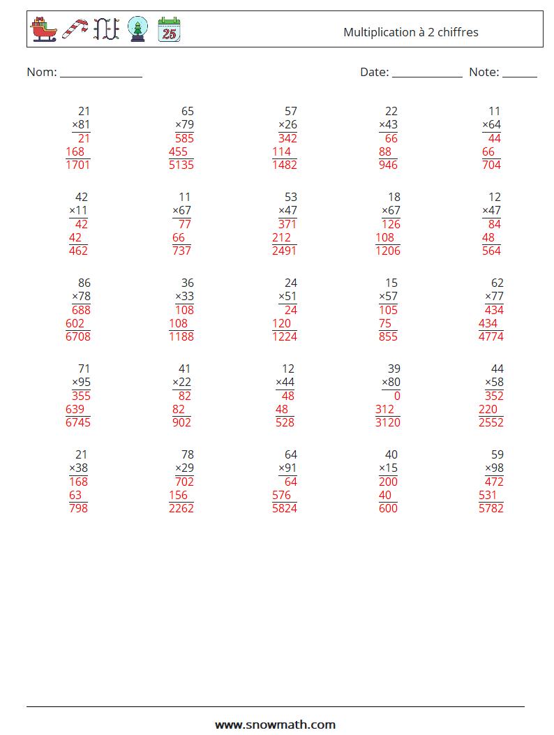 (25) Multiplication à 2 chiffres Fiches d'Exercices de Mathématiques 9 Question, Réponse