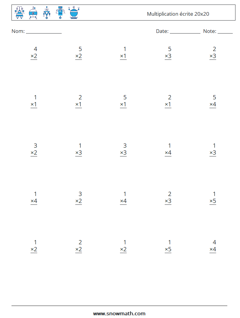 (25) Multiplication écrite 20x20 Fiches d'Exercices de Mathématiques 1