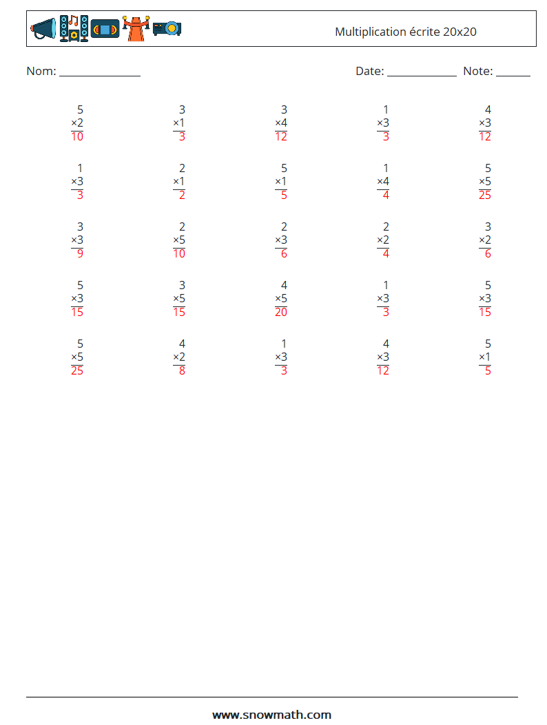 (25) Multiplication écrite 20x20 Fiches d'Exercices de Mathématiques 10 Question, Réponse