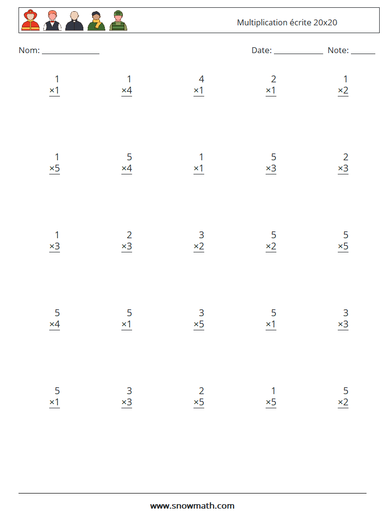 (25) Multiplication écrite 20x20 Fiches d'Exercices de Mathématiques 11