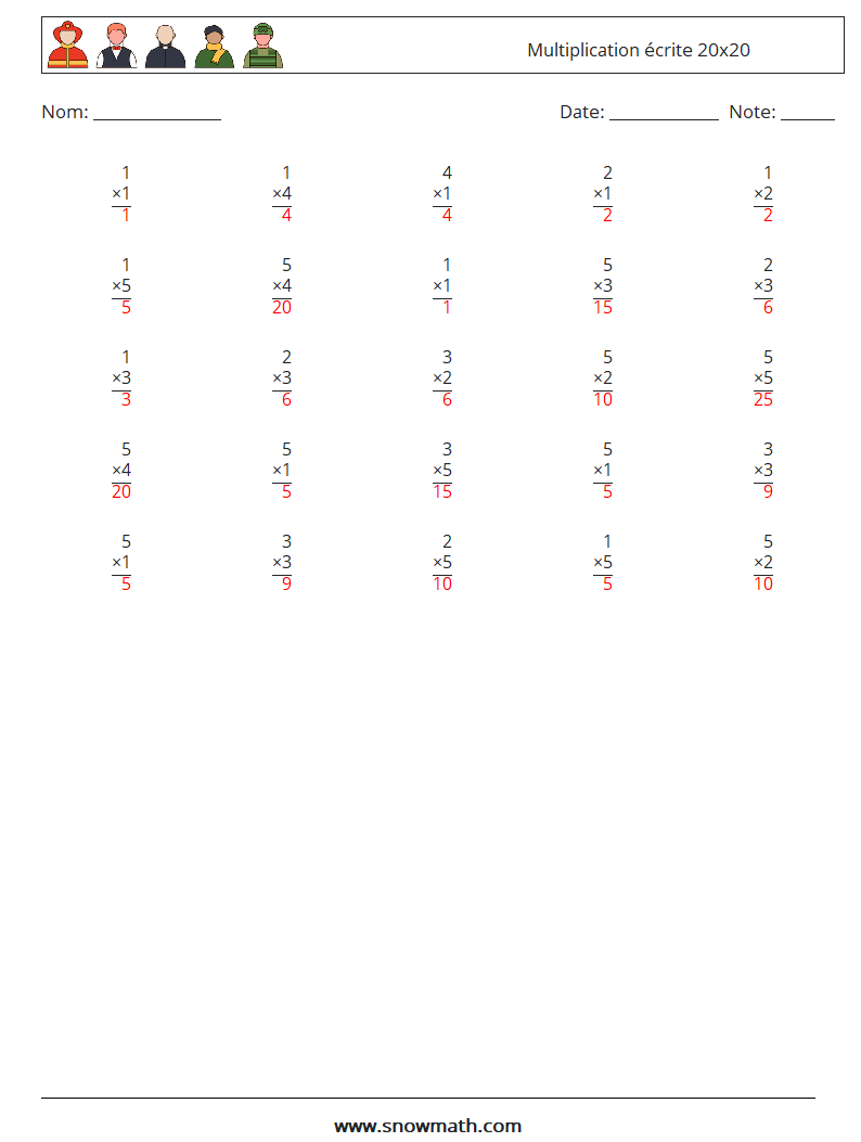 (25) Multiplication écrite 20x20 Fiches d'Exercices de Mathématiques 11 Question, Réponse