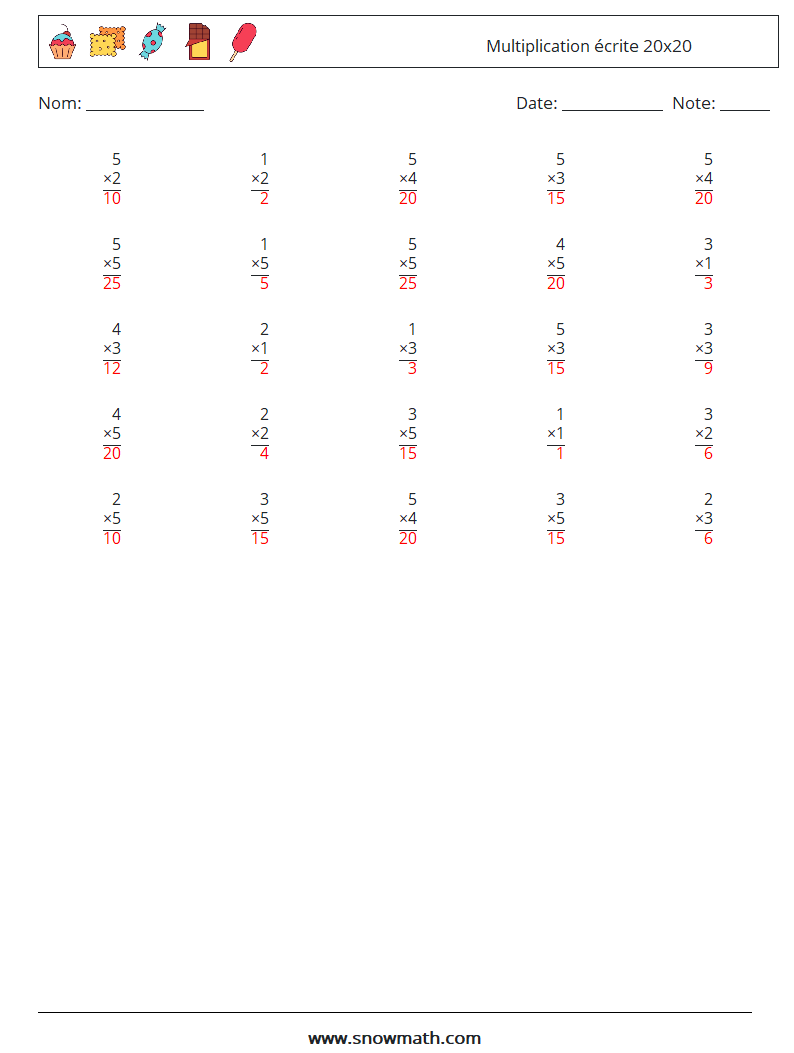 (25) Multiplication écrite 20x20 Fiches d'Exercices de Mathématiques 12 Question, Réponse