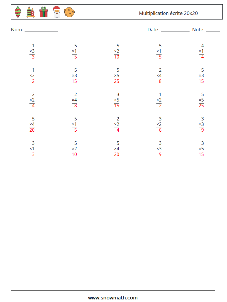 (25) Multiplication écrite 20x20 Fiches d'Exercices de Mathématiques 13 Question, Réponse