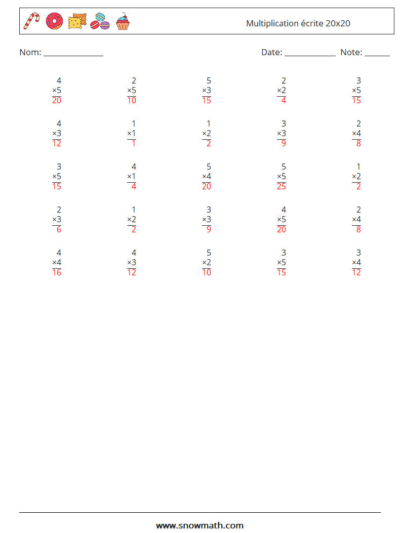 (25) Multiplication écrite 20x20 Fiches d'Exercices de Mathématiques 14 Question, Réponse
