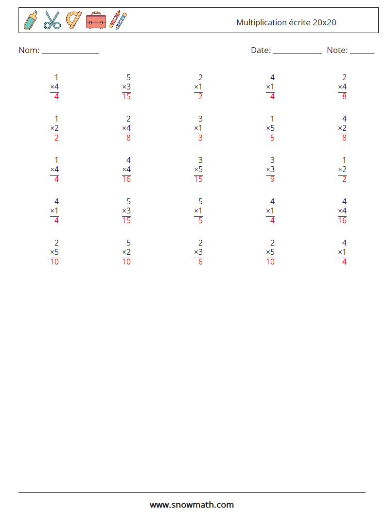 (25) Multiplication écrite 20x20 Fiches d'Exercices de Mathématiques 15 Question, Réponse