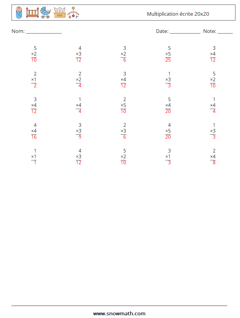 (25) Multiplication écrite 20x20 Fiches d'Exercices de Mathématiques 16 Question, Réponse