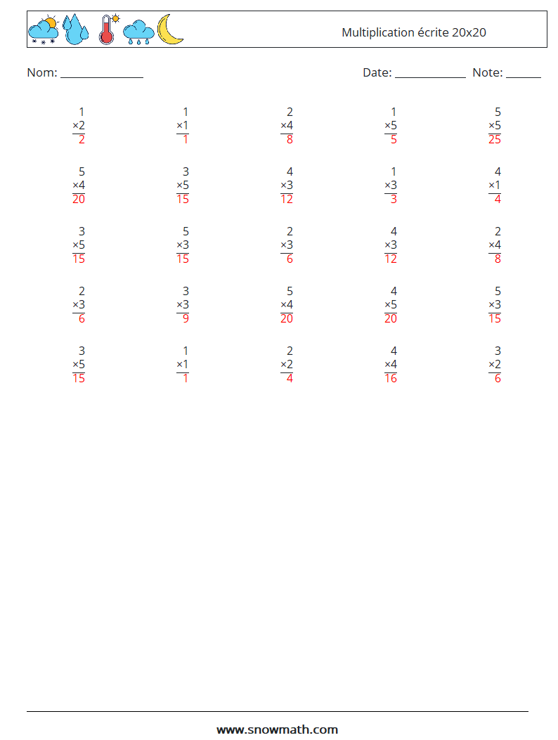 (25) Multiplication écrite 20x20 Fiches d'Exercices de Mathématiques 17 Question, Réponse