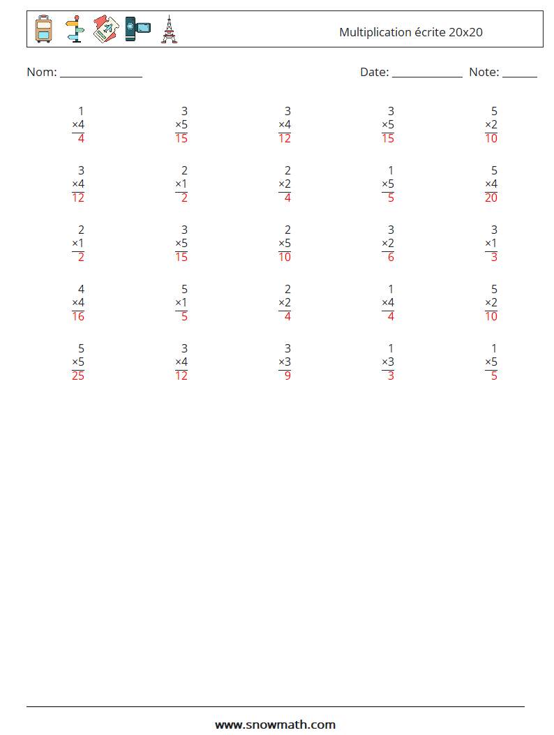 (25) Multiplication écrite 20x20 Fiches d'Exercices de Mathématiques 18 Question, Réponse