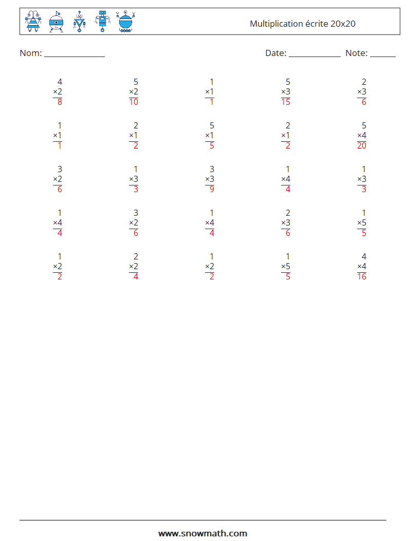 (25) Multiplication écrite 20x20 Fiches d'Exercices de Mathématiques 1 Question, Réponse
