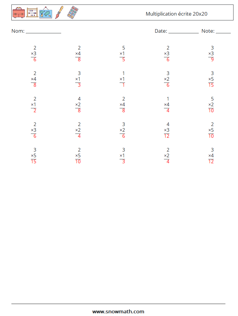 (25) Multiplication écrite 20x20 Fiches d'Exercices de Mathématiques 3 Question, Réponse