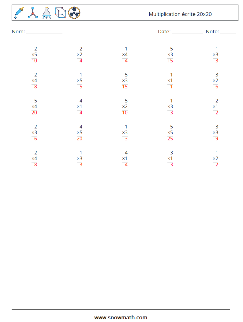 (25) Multiplication écrite 20x20 Fiches d'Exercices de Mathématiques 4 Question, Réponse