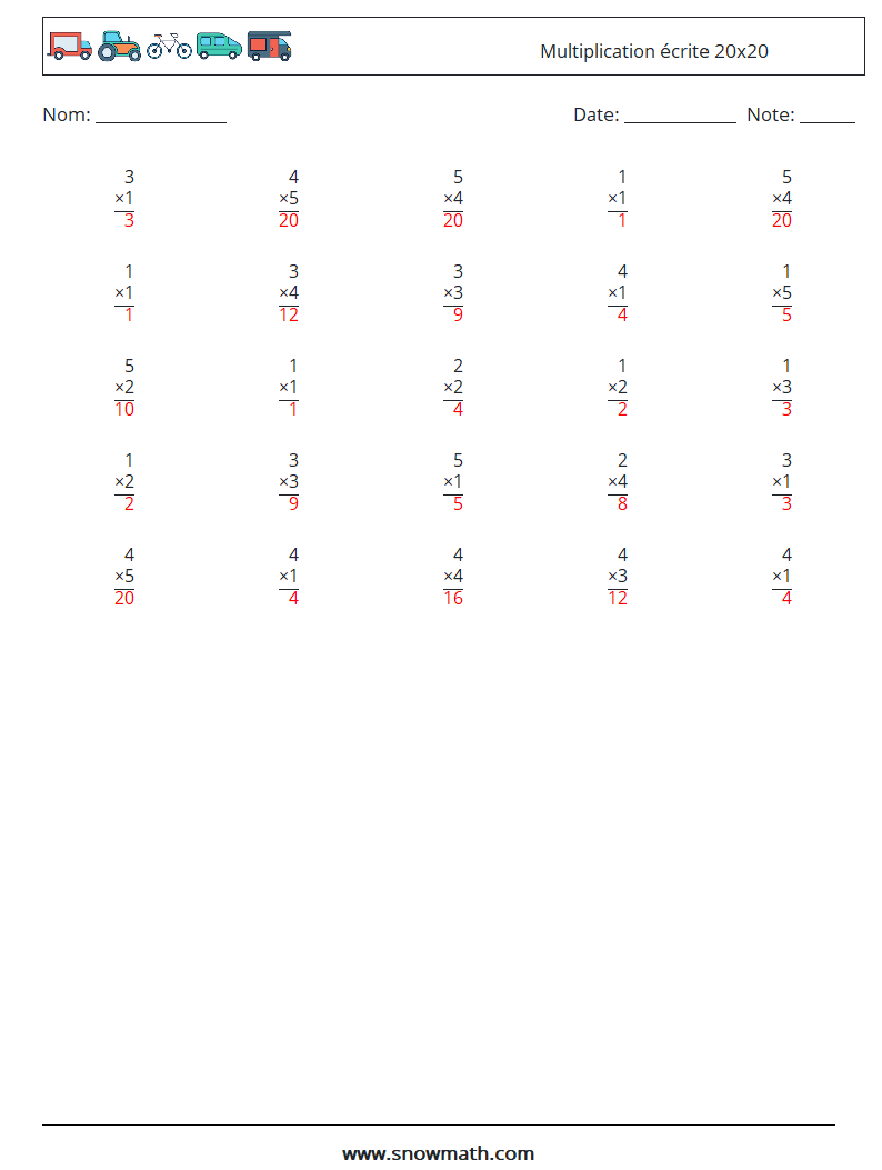 (25) Multiplication écrite 20x20 Fiches d'Exercices de Mathématiques 5 Question, Réponse