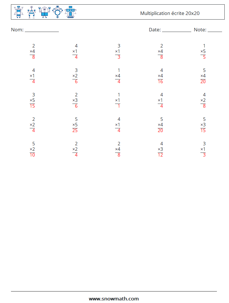 (25) Multiplication écrite 20x20 Fiches d'Exercices de Mathématiques 6 Question, Réponse