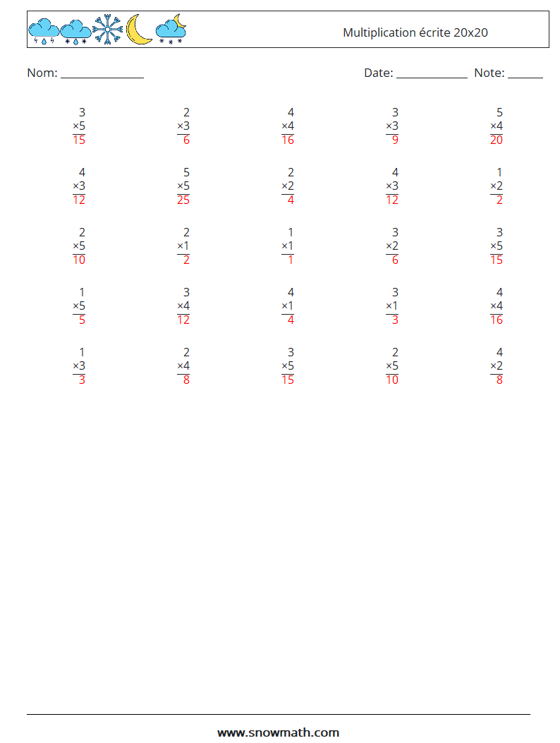 (25) Multiplication écrite 20x20 Fiches d'Exercices de Mathématiques 7 Question, Réponse