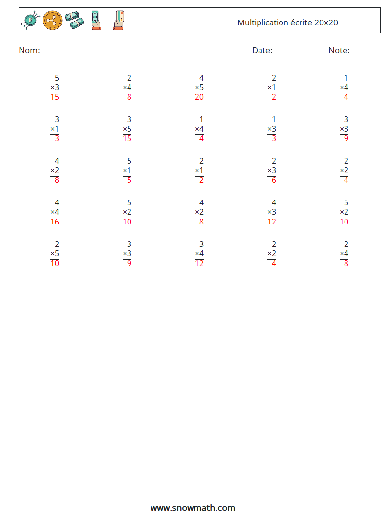 (25) Multiplication écrite 20x20 Fiches d'Exercices de Mathématiques 8 Question, Réponse
