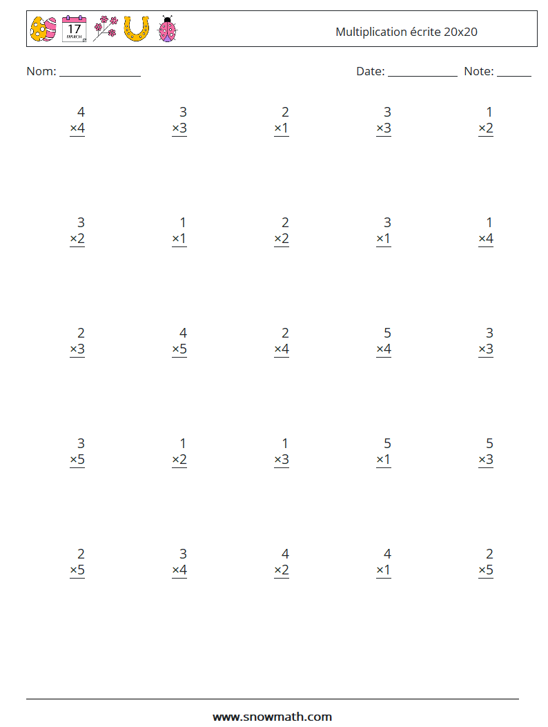 (25) Multiplication écrite 20x20 Fiches d'Exercices de Mathématiques 9