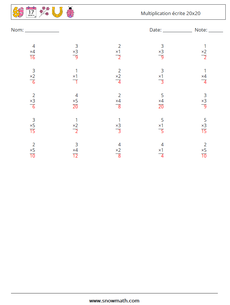 (25) Multiplication écrite 20x20 Fiches d'Exercices de Mathématiques 9 Question, Réponse